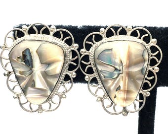 Vintage Carved Mother of Pearl & Sterling Silver Aztec Warrior Mask Screw-Back Earrings