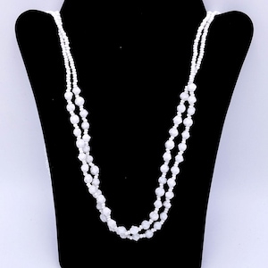 Signed Miriam Haskell Double Strand White Milk Glass Beaded Necklace - 35.5"