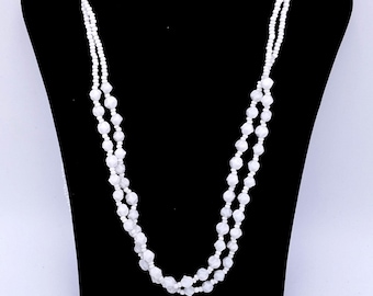 Signed Miriam Haskell Double Strand White Milk Glass Beaded Necklace - 35.5"
