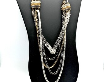 Vintage Silver, Gunmetal & Gold 5-Strand Brutalist Statement Necklace - 34"