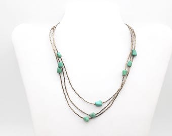Vintage Triple Strand Native Liquid Sterling Silver & Turquoise Choker Necklace- 14.75"