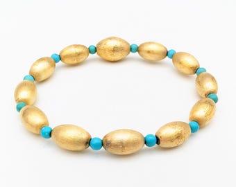 Vintage 14k Gold Vermeil Sterling Silver & Turquoise Bead Bracelet - 8"