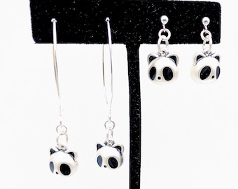 Fine Silver Panda Charm Dangle Earrings; Enamel Earrings, 999 Silver