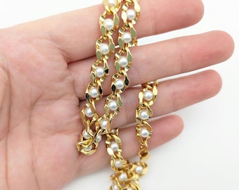 Vintage Faux Pearl Beaded Gold Plated Chain Necklace - 18"