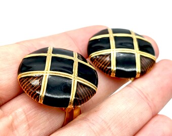 Vintage Black & Brown Enameled Gold Tone Circle Clip Earrings Signed Gay Boyer - 1 1/8"