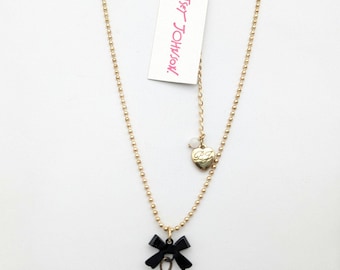 Betsey Johnson Bow Pendant Gold Bead Ball Chain Necklace - 29 - 32" Adjustable