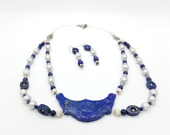 Porcelain, Pearl & Silver Necklace and Earrings Set