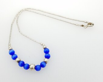 Vintage Blue Cat's Eye Bead Anklet Strung With Sterling Sterling Silver Beads - 10"