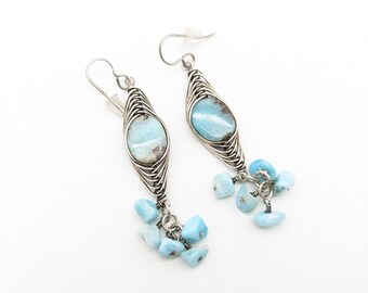 Vintage Larimar & Sterling Silver Wire Dangle Earrings