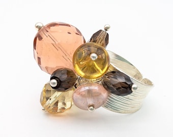 Adjustable Wide Band Sterling Silver Ring with Citrine, Crystal and Glass Beads