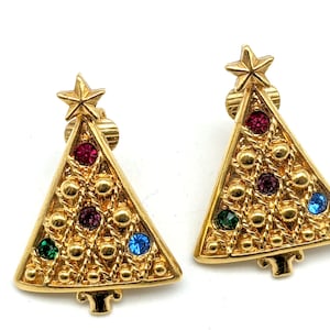 Vintage Gold Tone Christmas Tree Clip on Earrings with Colorful Rhinestones