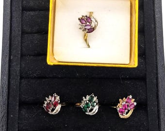 New Old Stock 14K Gold Plated & CZ Floral Spray Cocktail Ring