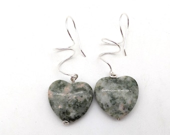 Sterling Silver & Green Marble Heart Dangle Earrings - 1.75"
