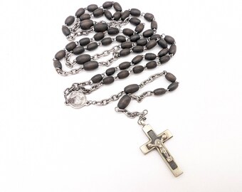 Antique Black Wood Bead and Silver Rosary Necklace