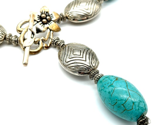 Vintage Faux Turquoise Glass & Etched Silver Bead… - image 5