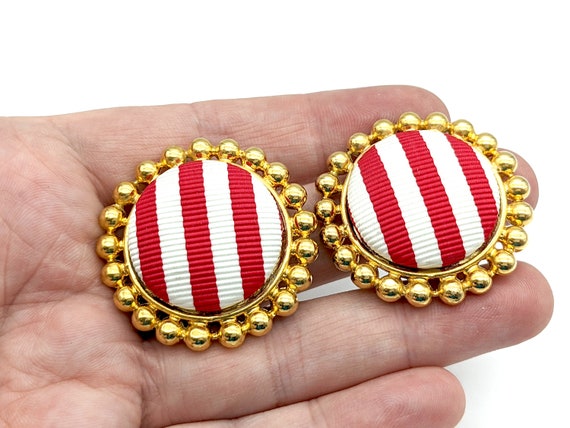 Vintage Red & White Stripped Circle Clip Earrings… - image 9