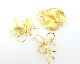 14k Gold Plated Genuine Pearl Leaf Brooch, Coro Prestige - Your Choice of Styles