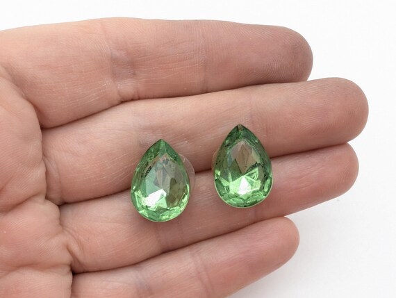 Green Pear Cut Rhinestone Stud Statement Earrings… - image 2