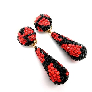 Vintage Richard Kerr Pave Red & Black Crystal Clip Dangle Earrings - 2.75"