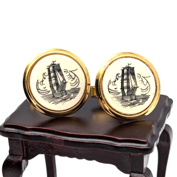 Gold Plated Scrimshaw Style Clipper Ship Cufflinks, Sailing Ship