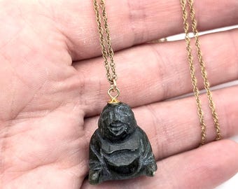 Vintage Carved Jade & 12K Gold Filled Buddha Pendant Necklace - 18"