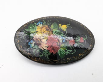 Vintage Hand-Painted Russian Floral Brooch in Black Lacquer With Swirl Accents - Signed
