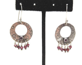 Vintage Pink Tourmaline & Etched Sterling Silver Dangle Earrings Signed RS