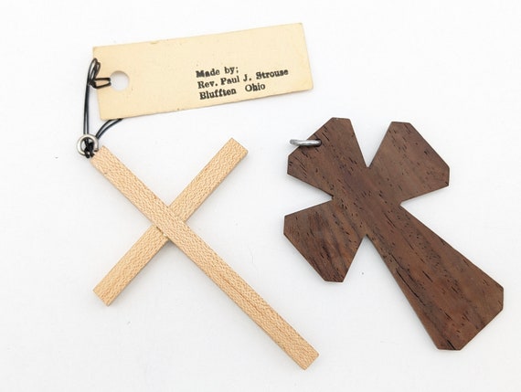 Two Large Vintage Handmade Wood Cross Pendants - image 5