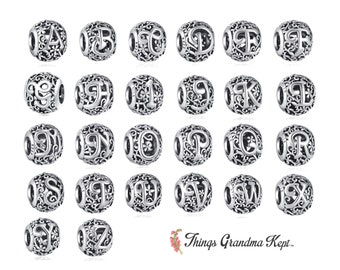 Sterling Silver Round Floral Alphabet/Monogram/Letter Charm Bead, Compatible with All European Charm Bracelets/Pandora