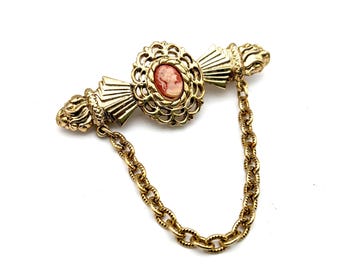 Vintage Gold Tone Resin Cameo Brooch With Dangling Chain