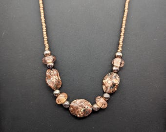 Sterling Silver, Jasper & Pink Glass Bead Necklace - 17"