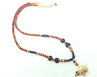 Vintage Native Made 14K Gold Filled, Onyx and Goldstone Beaded Bear Pendant Necklace