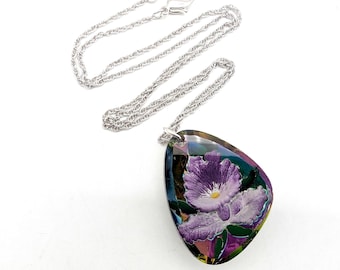 Vintage Intaglio Glass Purple Orchid Flower Pendant Necklace - 18"