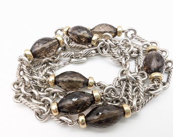Vintage 34" Heavy Sterling Silver, 18K Gold & Smoky Quartz Station Necklace Signed David Yurman