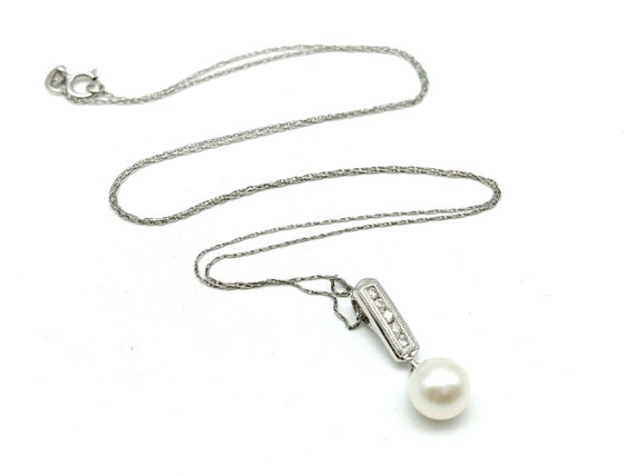 14K White Gold, Pearl & Diamond Pendant - image 1