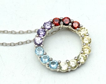 Vintage Rainbow Gemstone & Sterling Silver Circle/Wreath Pendant Necklace 18"
