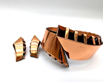 Vintage Solid Copper Hinged Bangle Bracelet & Clip Earrings Set