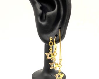 Gold Vermeil Sterling Silver Rainbow CZ Star Dangle Earrings, Holiday Jewelry
