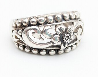 Vintage Sterling Silver Beaded Floral Ring Band Signed CIJ - Size 8.25
