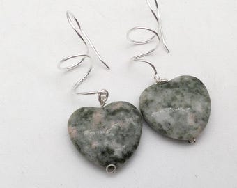 Sterling Silver & Green Agate Heart Dangle Earrings - 1.75"