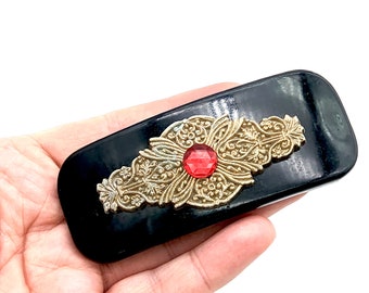 Vintage Black, Red & Gold Hair Clip/Barrette - 3.75"