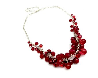 Vintage Robert Rose Red Bead & Silver Tone Bib Necklace - 17.5", Adjustable