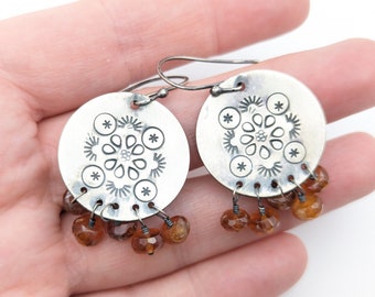 Artisan Sunstone & Etched Sterling Silver Dangle Statement Earrings