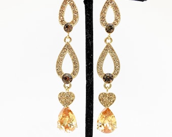 Citrine Rhinestone Heart Dangle Earrings