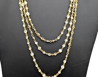 Long Gold-Plated Rhinestone Crystal Link Necklace - 45"