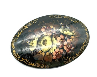 Vintage Hand-Painted Russian Floral Brooch in Black Lacquer With Swirl Accents - Signed
