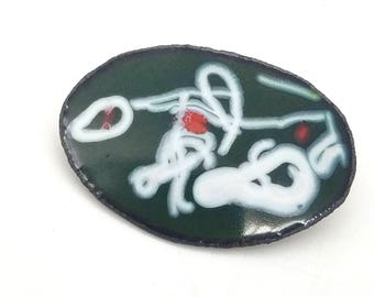 Handmade Copper Enamel Abstract Brooch in Green, White & Red Swirls