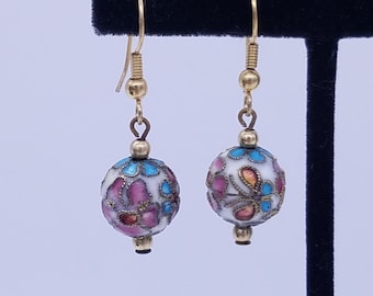 Cloisonne Enamel Bead Dangle Earrings in White, Pink, Blue and Red