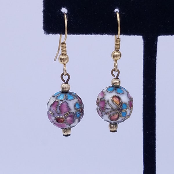 Cloisonne Enamel Bead Dangle Earrings in White, Pink, Blue and Red