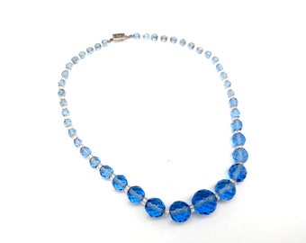Sterling & Graduated Blue Crystal Beaded Choker Necklace - 16"